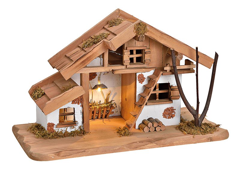 Nativity barn with led, natural wood, 29x23x19cm