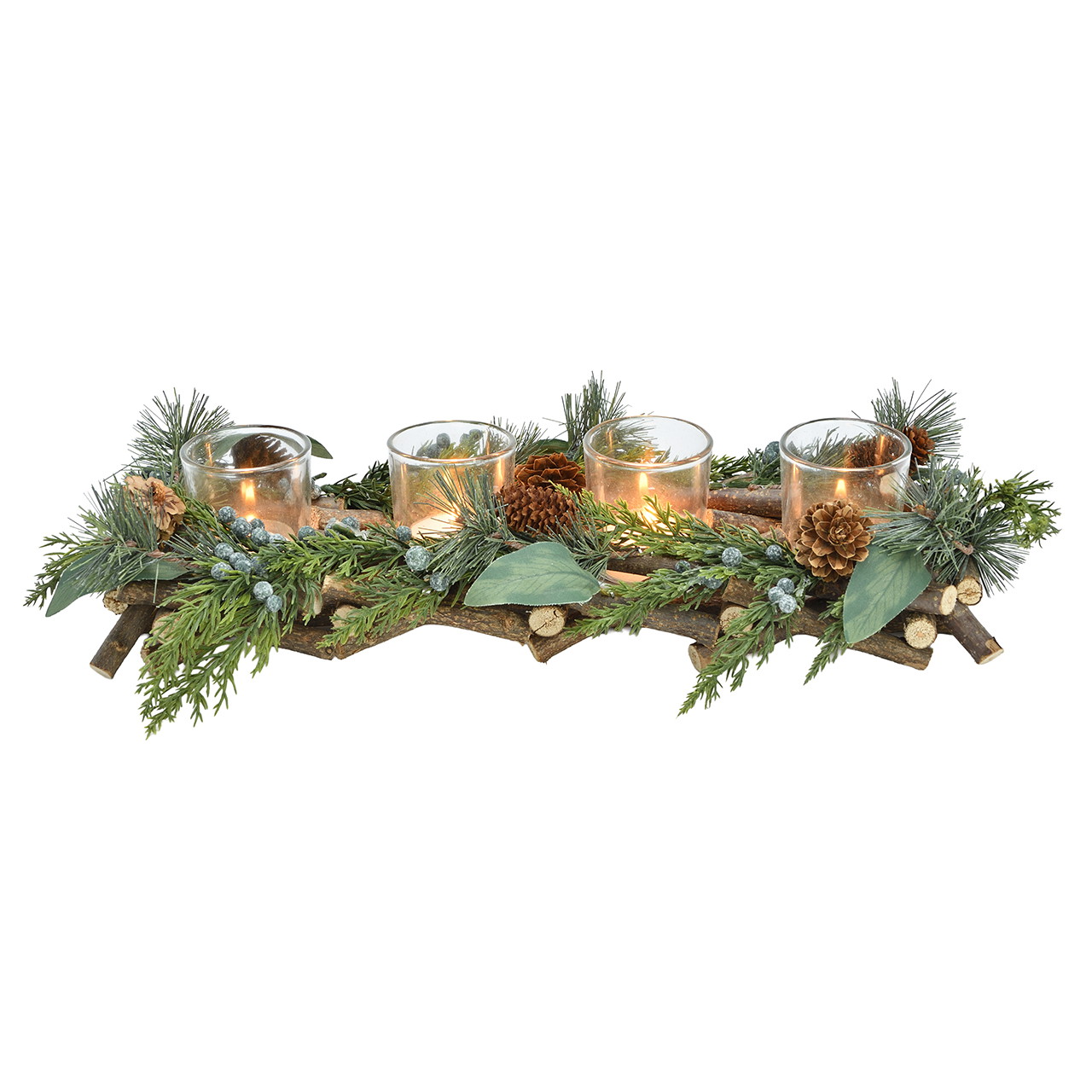 Advent wreath with plastic cones Green (W/H/D) 40x8x13cm Adventskränz, Kränz mit Kerzen, Holz Dekoration, Eukalyptus, Zweige Koniferen