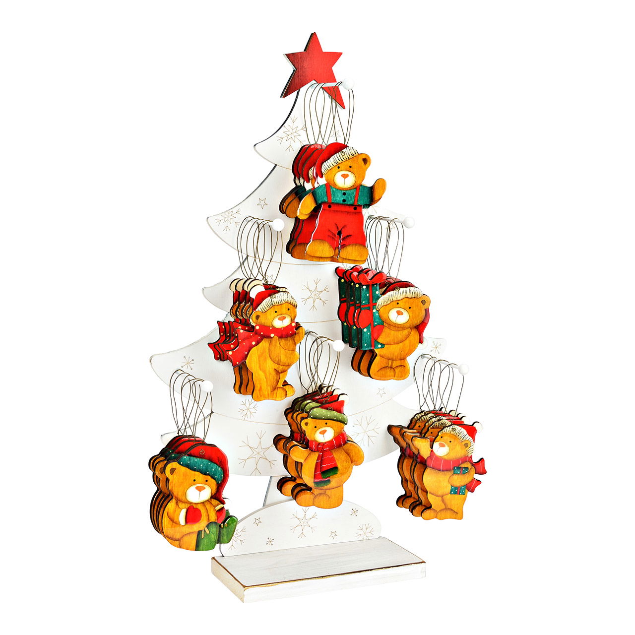 Weihnachtshänger Bär aus Holz, 6-fach, Bunt (B/H) 9x11cm auf Baumständer (B/H/T)35x57x12cm