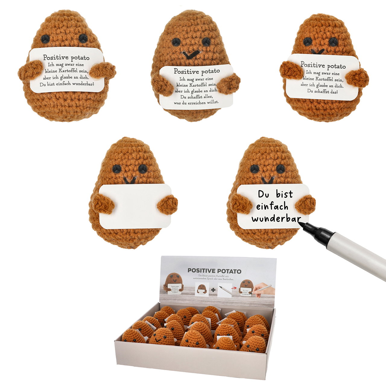 Positive Potato, patata all'uncinetto in tessuto, 4 pieghe, marrone (L/H/D) 4x7x4cm 3x con scritta, 1x per etichettatura Display da 24 pezzi Spielzeug, Essen, Süßigkeiten