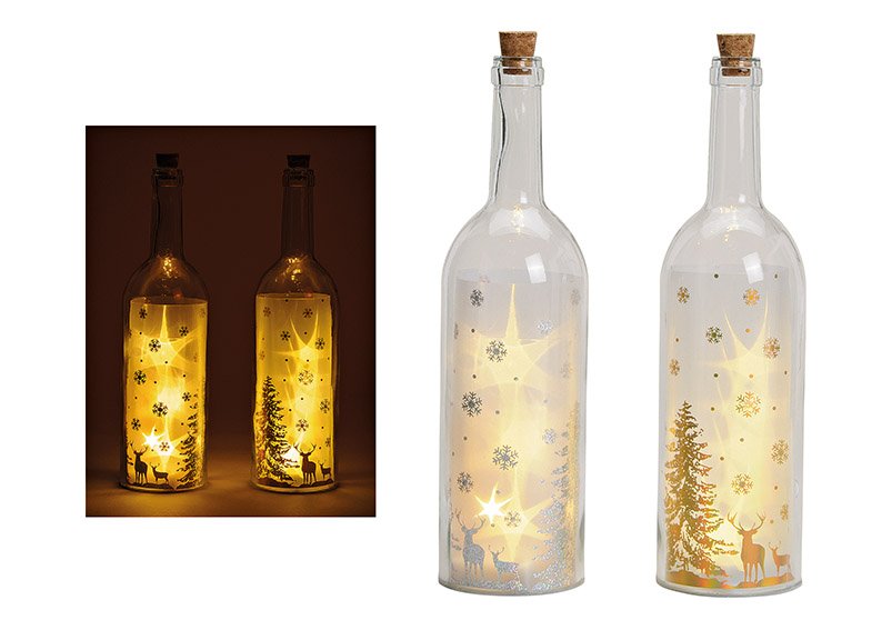Bouteille en verre Forêt d'hiver 5 Led éclairage, or, argent en verre Transparent 2 fois, (L/H/P) 9x33x9cm