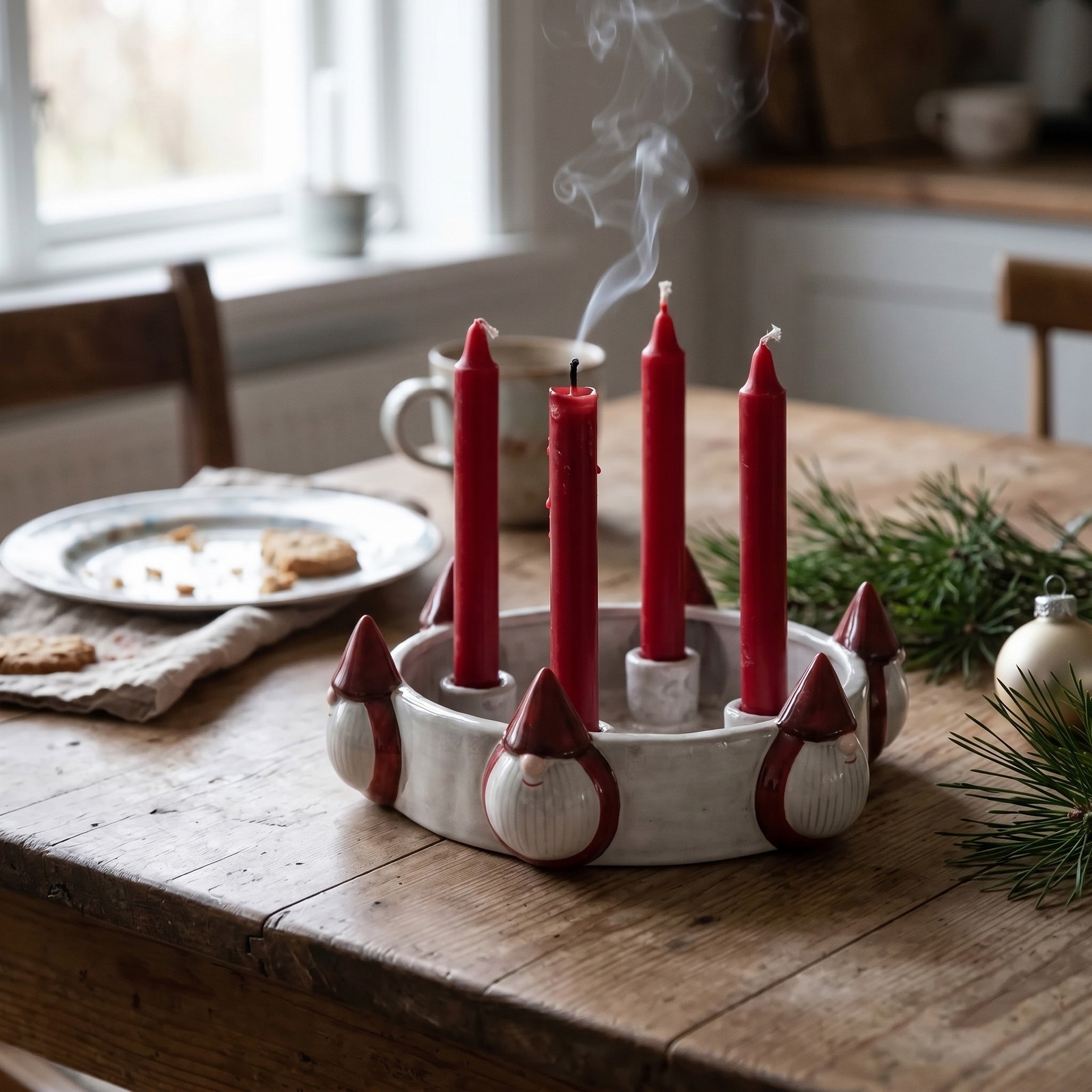 Adventskrans med keramisk nisse, Bordeaux (B/H/D) 28x9x28 cm Topfuntersetzer, Stövchen?, Ringe?, Teller, Kerzenhalter?