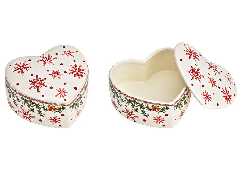 Scatola a forma di cuore, decorazione con fiocchi di neve in ceramica colorata (L/H/D) 17x9x15cm