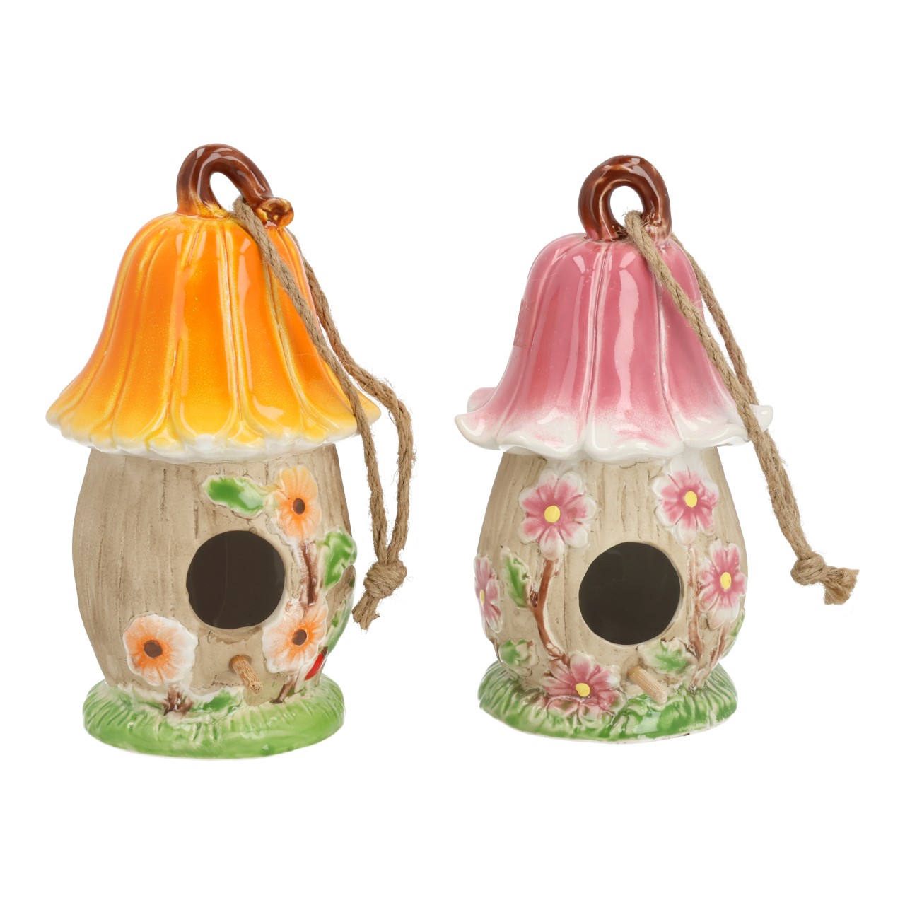Hänger Vogelhaus aus Porzellan Beige 2-fach sortiert (B/H/T) 11x18x9cm Garten Deko, Vogelhaus, Pilzform, Keramik, Blumenverzierung