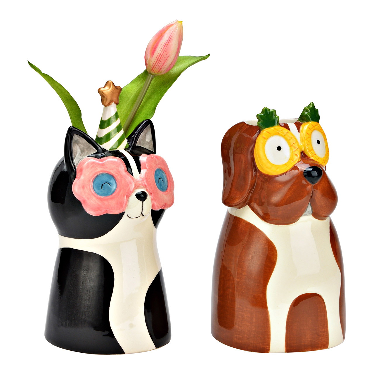 Vase Hund/Katze aus Keramik, 2-fach, Bunt (B/H/T) 10x20x10cm | 10042737