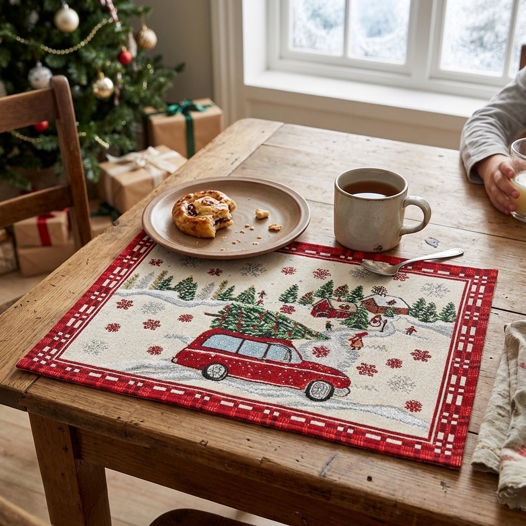 Tischset Weihnachtsauto Dekor aus Textil, Beige/Rot (B/H) 48x33cm Tischläufer, Winterbild, Auto, Schnee, Weihnachten