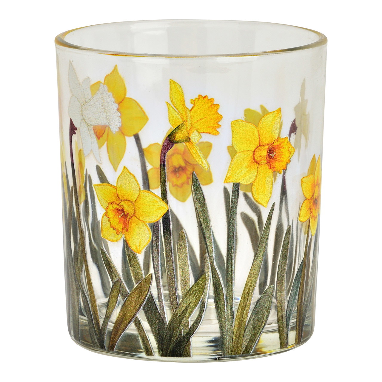Lantern flower decor made of glass Trinkglas, Klarglas, Narzissenmotiv, Blumenmuster, Gelb-grün