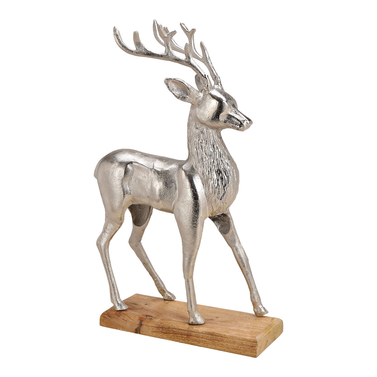 Stag van aluminium op mangohouten voet zilver, (B/H/D) 36x61x16cm