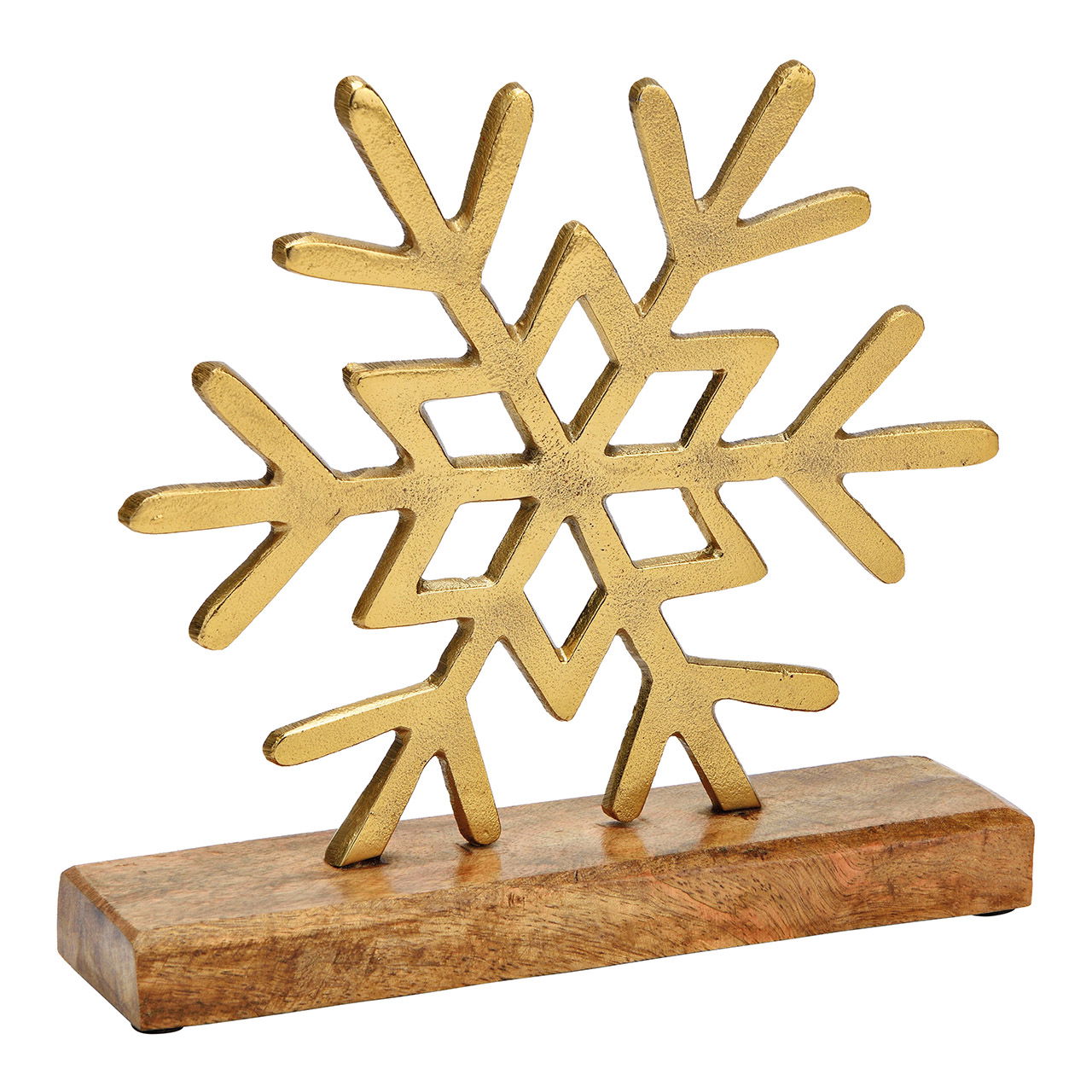 Fiocco di neve da esposizione su base in legno di mango in metallo dorato (L/H/D) 22x23x6cm