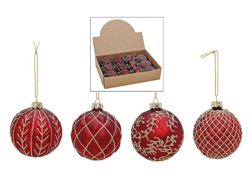 Christmasball with glitter, red gold color, 4 asst. 8x8x8cm