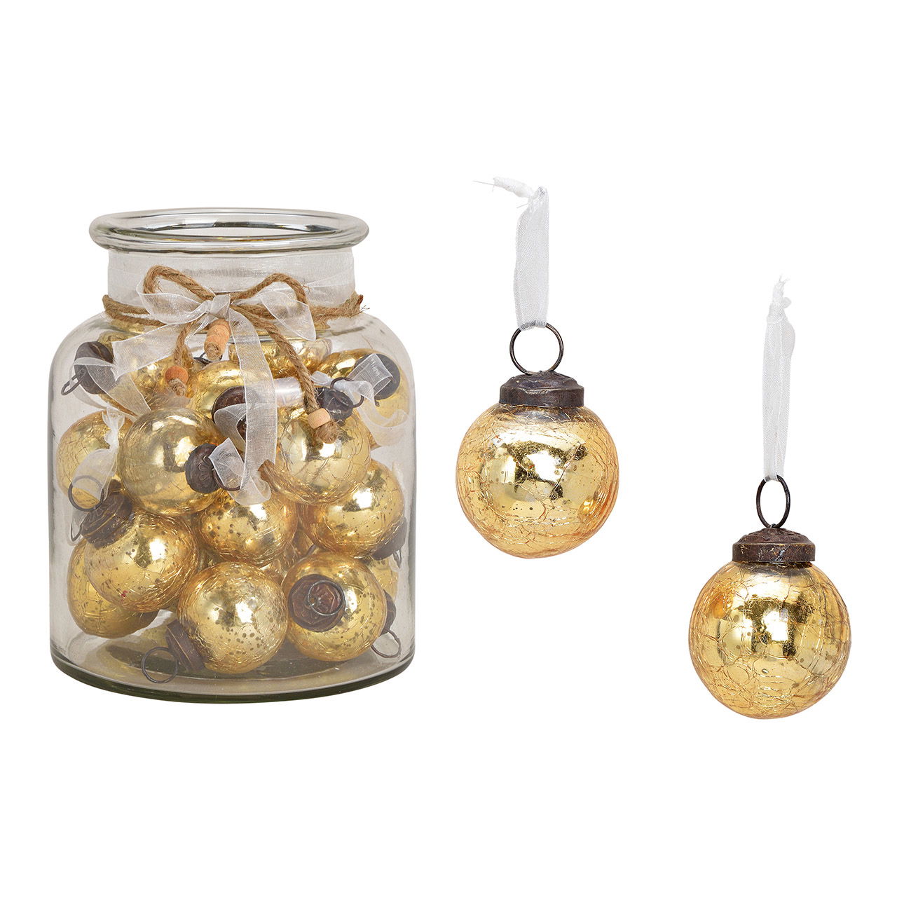 Hanger ball, glass, gold, 5x5x5cm, 24 pcs in glass jar, size 16x26x16cm