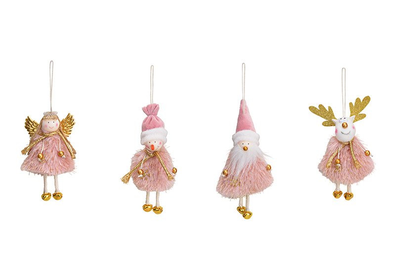 Colgante Papá Noel, muñeco de nieve, ángel alce, textil rosa, dorado 4 pliegues, (c/h/d) 6x12x3cm
