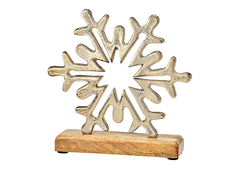 Fiocco di neve da esposizione su base in legno di mango in metallo argentato (L/H/D) 21x20x5cm