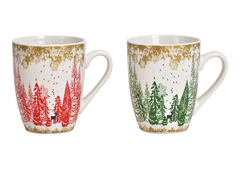 Becher Winterwald Dekor aus Porzellan Weiß 2-fach, (B/H/T) 11x10x8cm 340ml