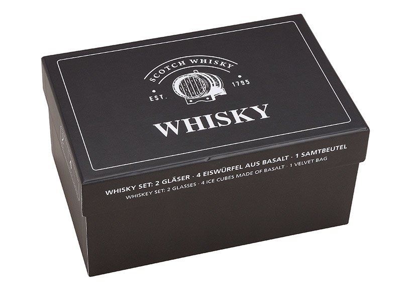 Whisky Stein Set, Eiswüfel aus Basalt Stein, 2cm, 4 Würfel mit 2 Gläser, 9x8x9cm, 300ml, 23,6x11,5x15,8cm