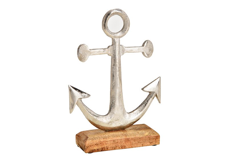 Anchor on mango wood base of metal silver (W/H/D) 16x22x5cm