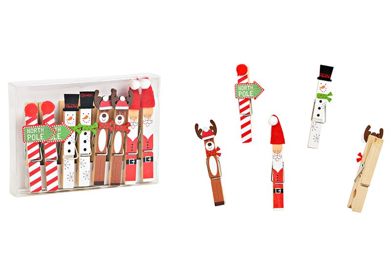 Set di morsetti, motivo natalizio 1x9x1cm, set di 8, in legno colorato (L/H/D) 12x9x2cm