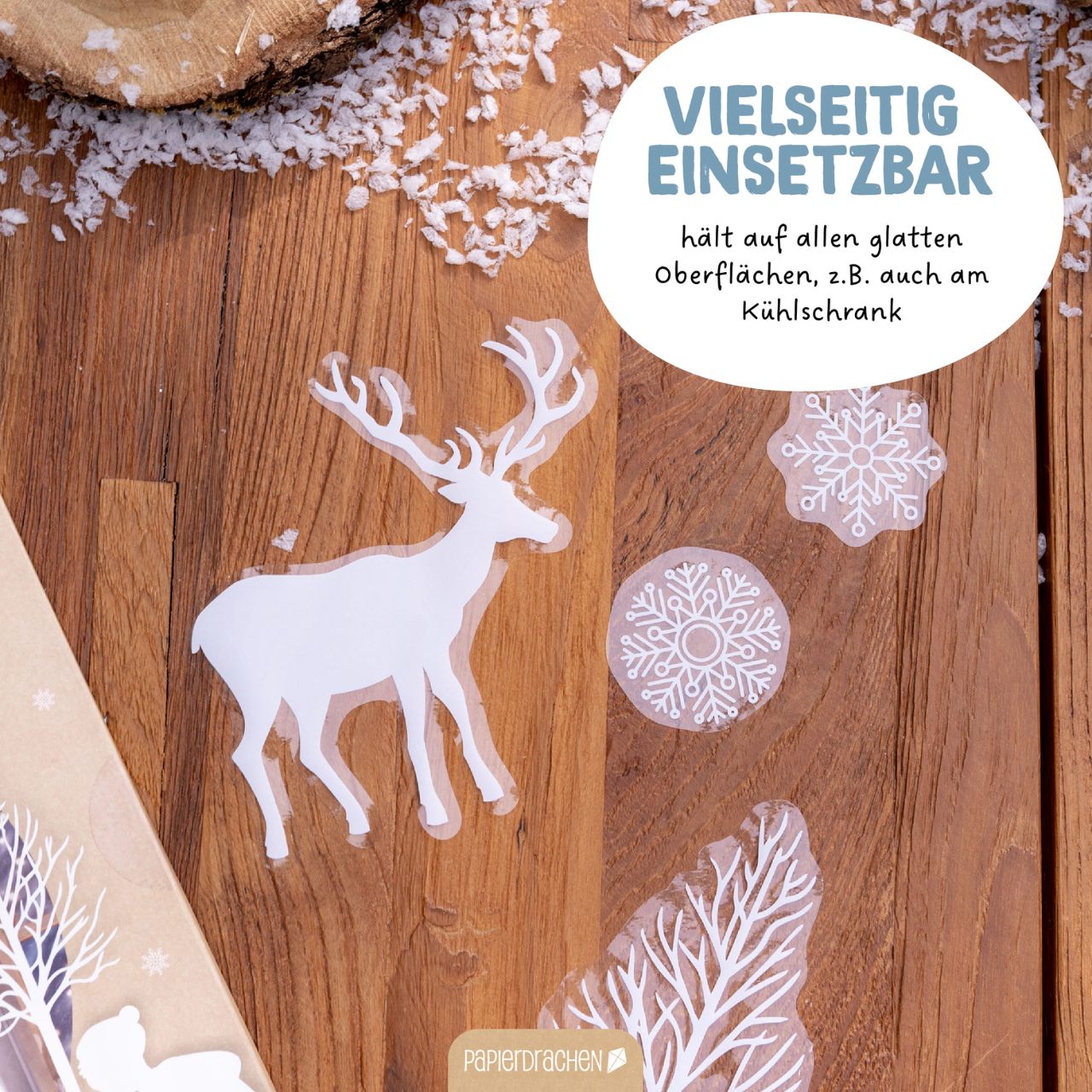 Paper cutouts, Silhouette deer, Snowflakes, Winter decor, Wooden background