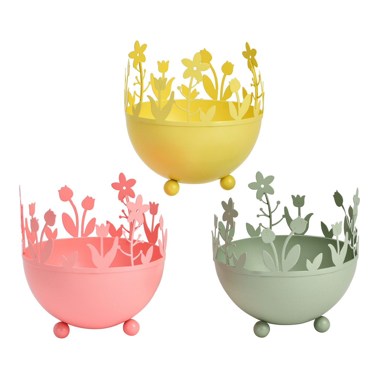 Coupe décorative en métal, 3 compartiments, jaune/rose/vert (L/H/P) 12x12x12cm Glas, Schüssel, Pflanze, Pflanze im Topf, Florales Design