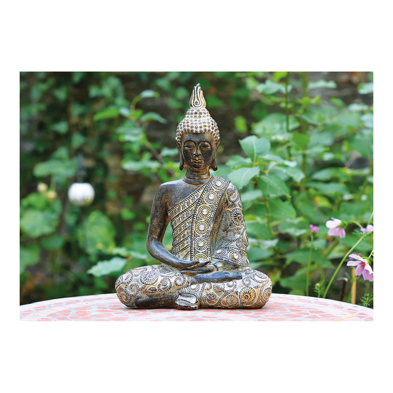 Buddha statue, Medieval Buddha, Sitting pose, Stone finish, Intricate pattern