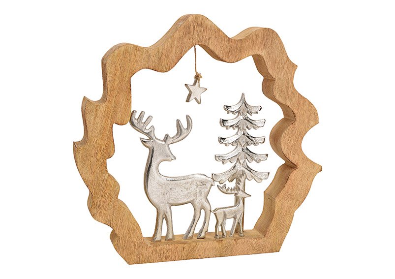 Stand deer with tree in mango wood circle, made of metal silver (w/h/d) 40x38x5cm