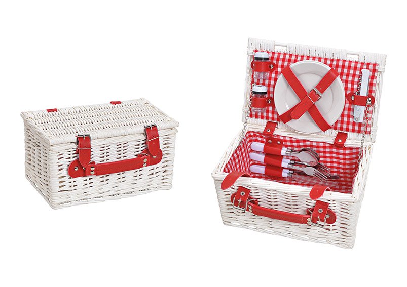 Picknick Korb für 2 Personen Weiß, rot 12er Set, (B/H/T) 30x16x19cm