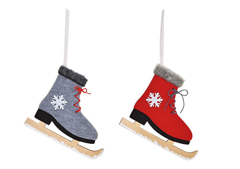 Hanging ice skate made of felt, wood gray, red 2-way, (w / h / d) 30x26x1cm