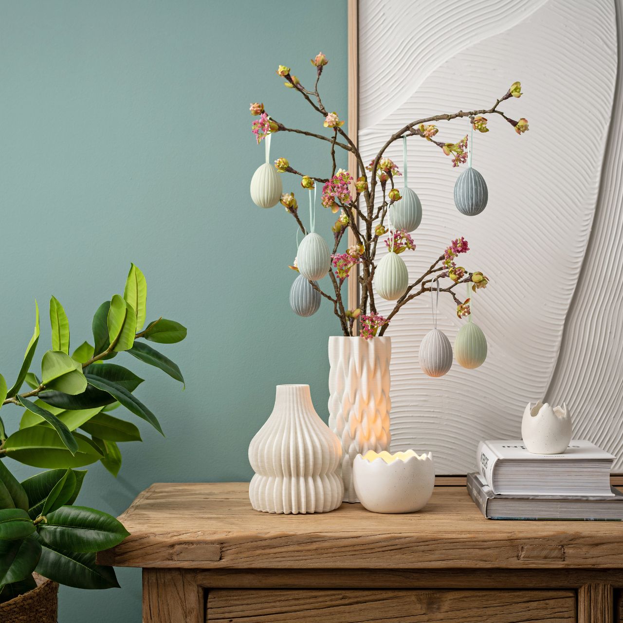 Uova di Pasqua in plastica da appendere, set di 12, grigio/verde/beige (L/H/D) 4x6x4cm/15x17x9cm Uova di Pasqua in plastica da appendere, set di 12, grigio/verde/beige (L/H/D) 4x6x4cm/15x17x9cm
