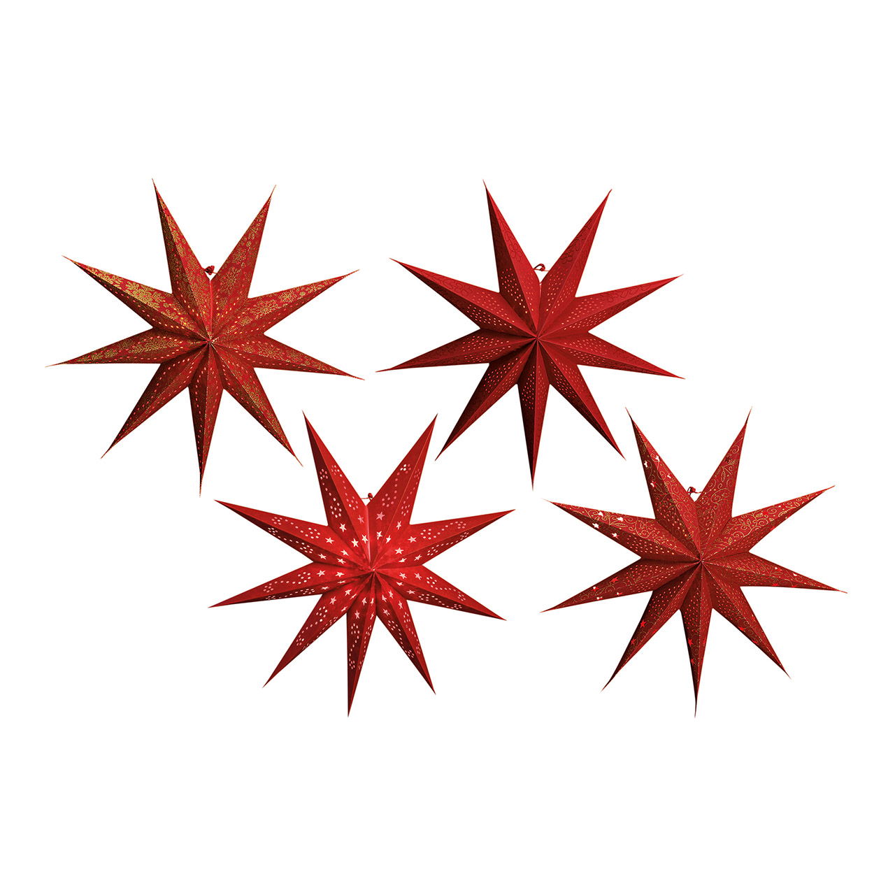 Estrella de papel iluminada en rojo con 9 puntas, 4 surtidas, 60 cm