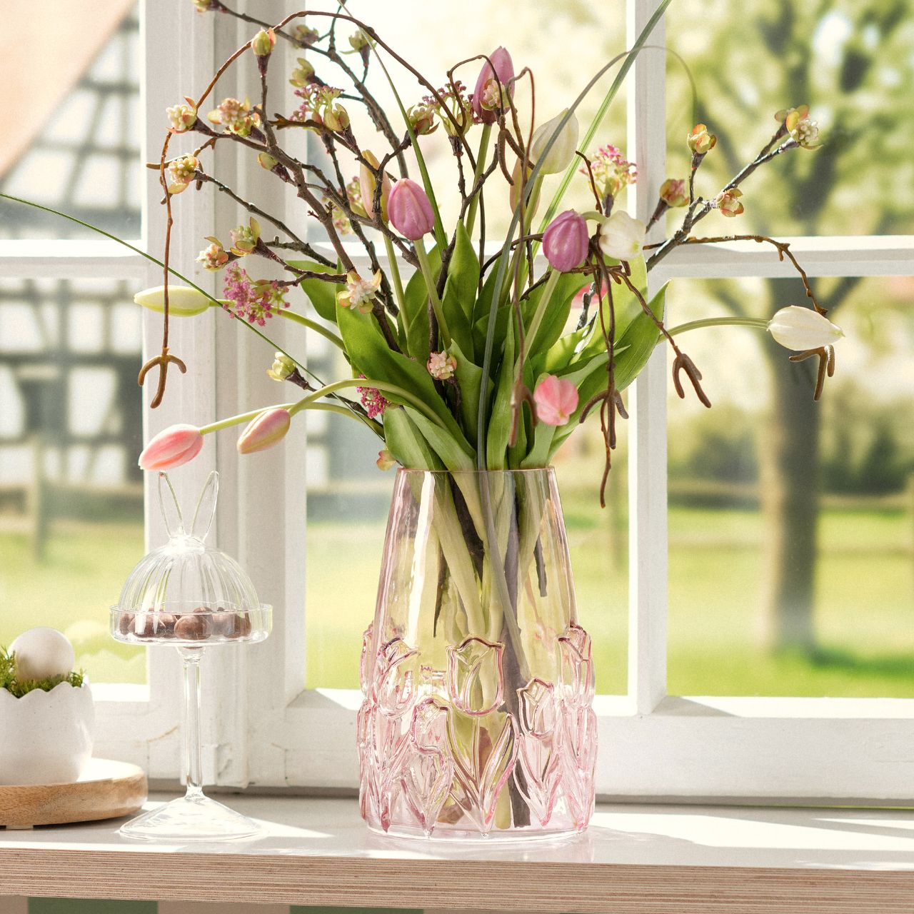 Tulpenstrauß mit 7 Tulpen aus Kunststoff, Creme Grün (H) 44cm Blume, Pflanze, Blumen-Arrangement, Blumenstrauß