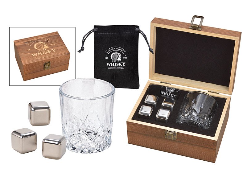 Whisky Eiswürfel Set aus Edelstahl, 2,7cm, 4 Würfel, 1 Glas 9x8x9cm, 300ml, inkl. Samtbeutel, in Holzbox 19x10x14,7cm
