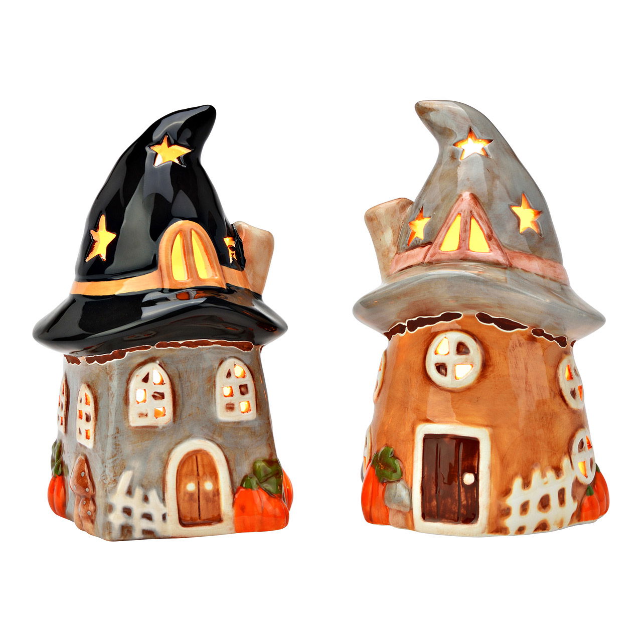 Windlicht Hexenhaus Halloween aus Keramik, 2-fach, Bunt (B/H/T) 10x17x10cm