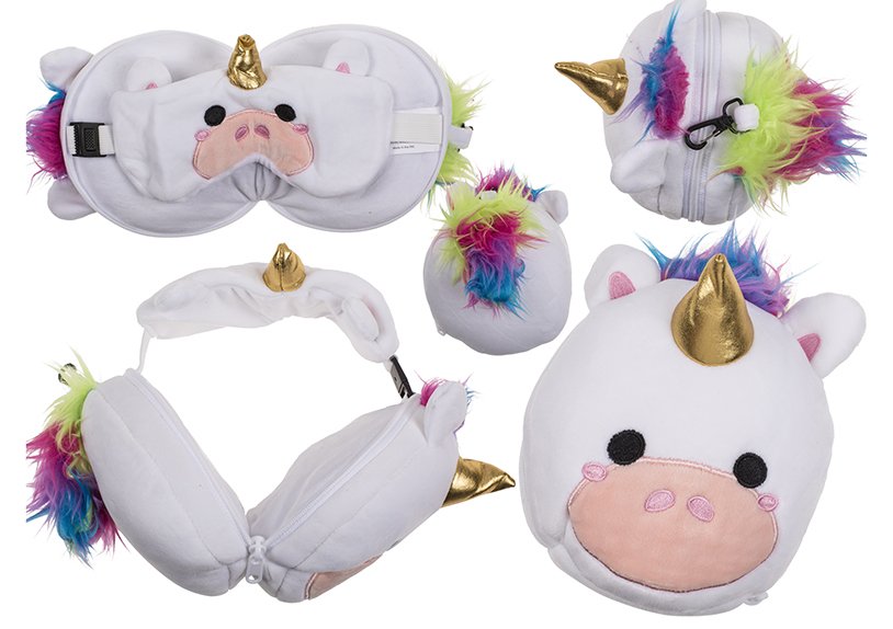 Cuscino da viaggio in peluche per bambini con maschera per gli occhi Unicorno, in tessuto bianco (L/H/D) 15x14x14cm