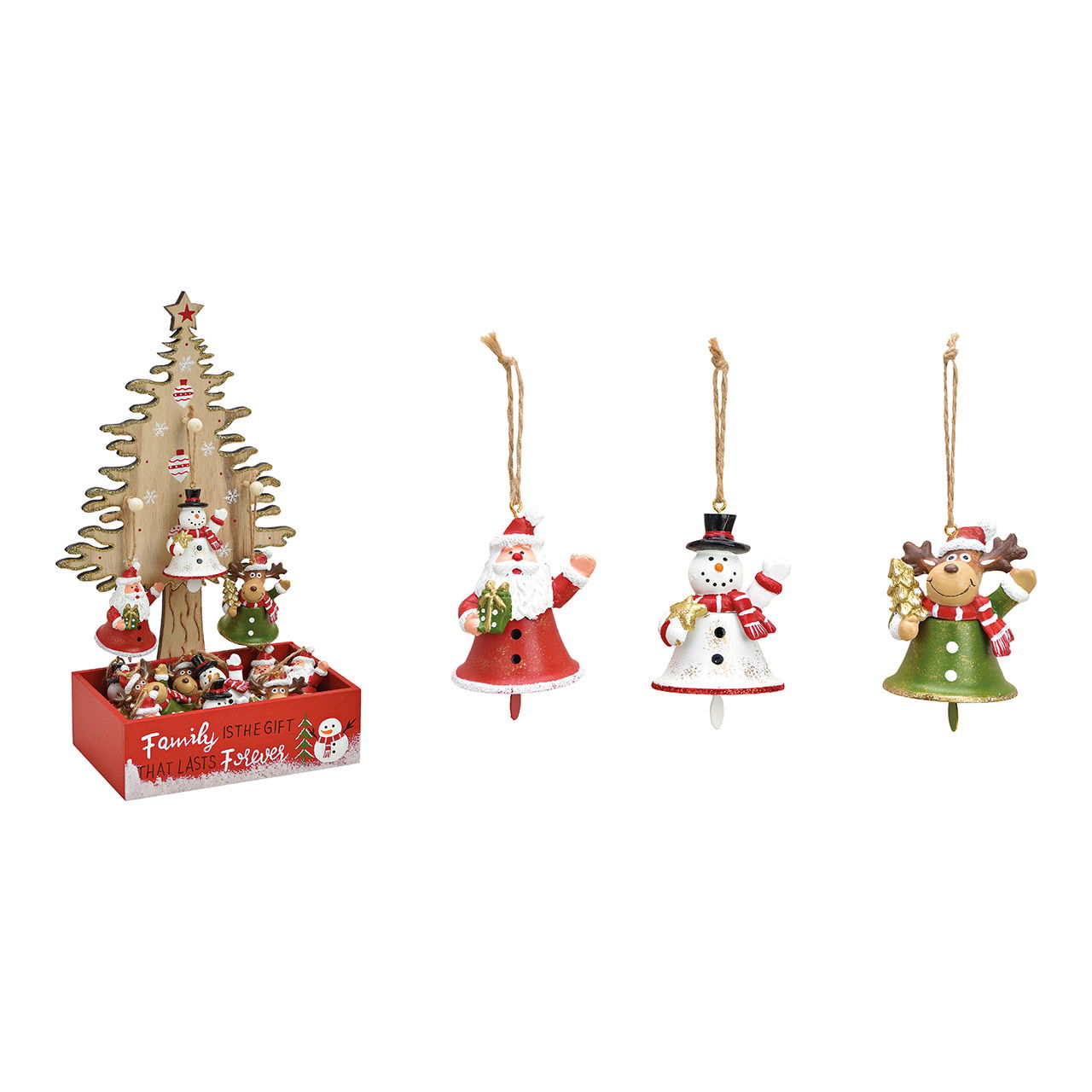 Christmas hanger metal bell on tree stand, 3-fold, 12 pcs. Red/white/green (W/H/D) 4x6x4cm/17x32x11cm