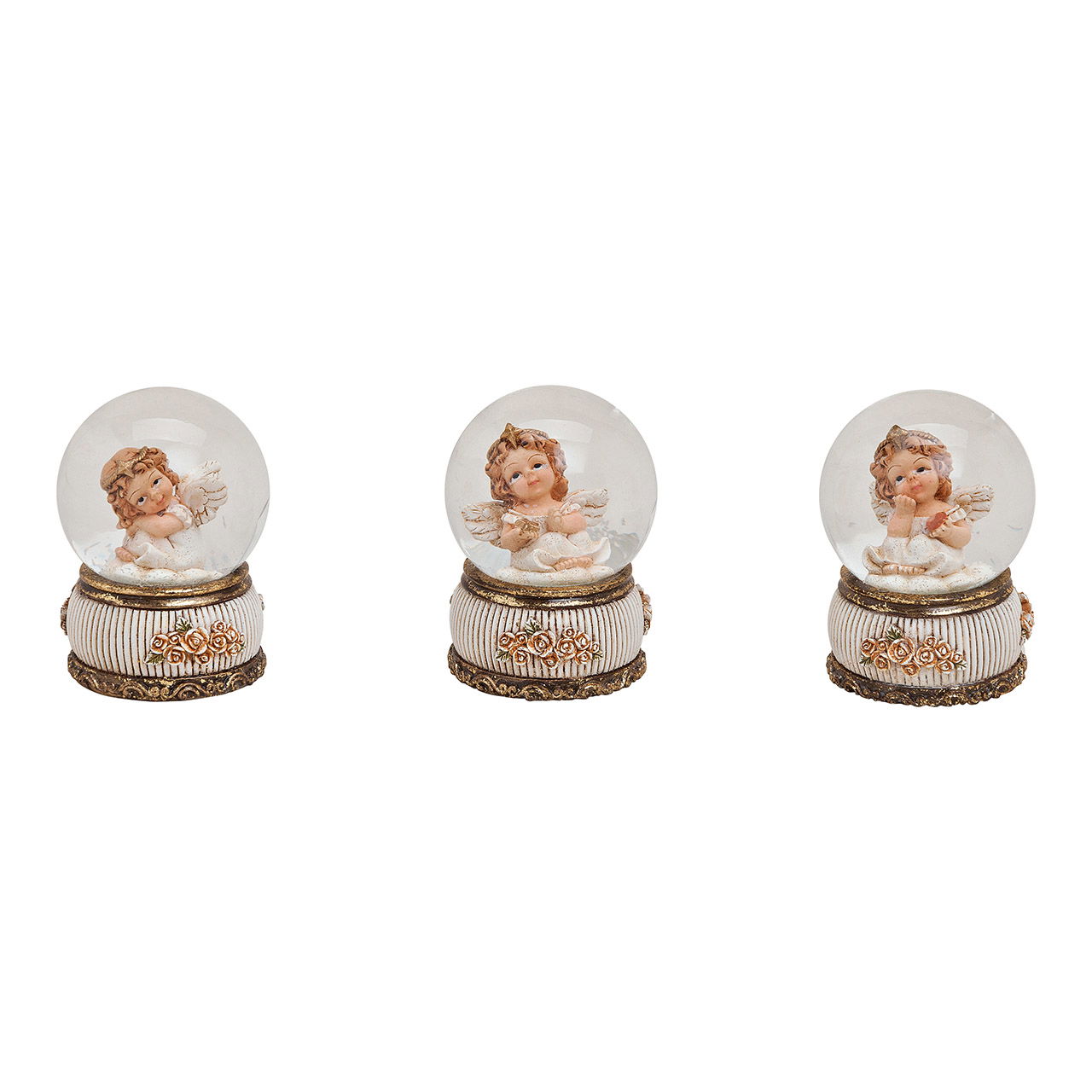 Sneeuwbollengel van glas/poly, 3 assorti (B/H/D) 4x6x4 cm Sneeuwbollengel van glas/poly, 3 assorti (B/H/D) 4x6x4 cm