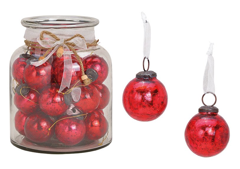 Hanger ball, glass, red,5x5x5cm, 24 pcs in glass jar, size 16x26x16cm