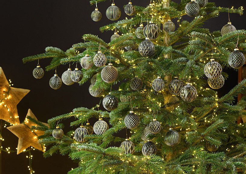 Weihnachtskugel aus Glas Grün, gold 4-fach, (B/H/T) 8x8x8cm