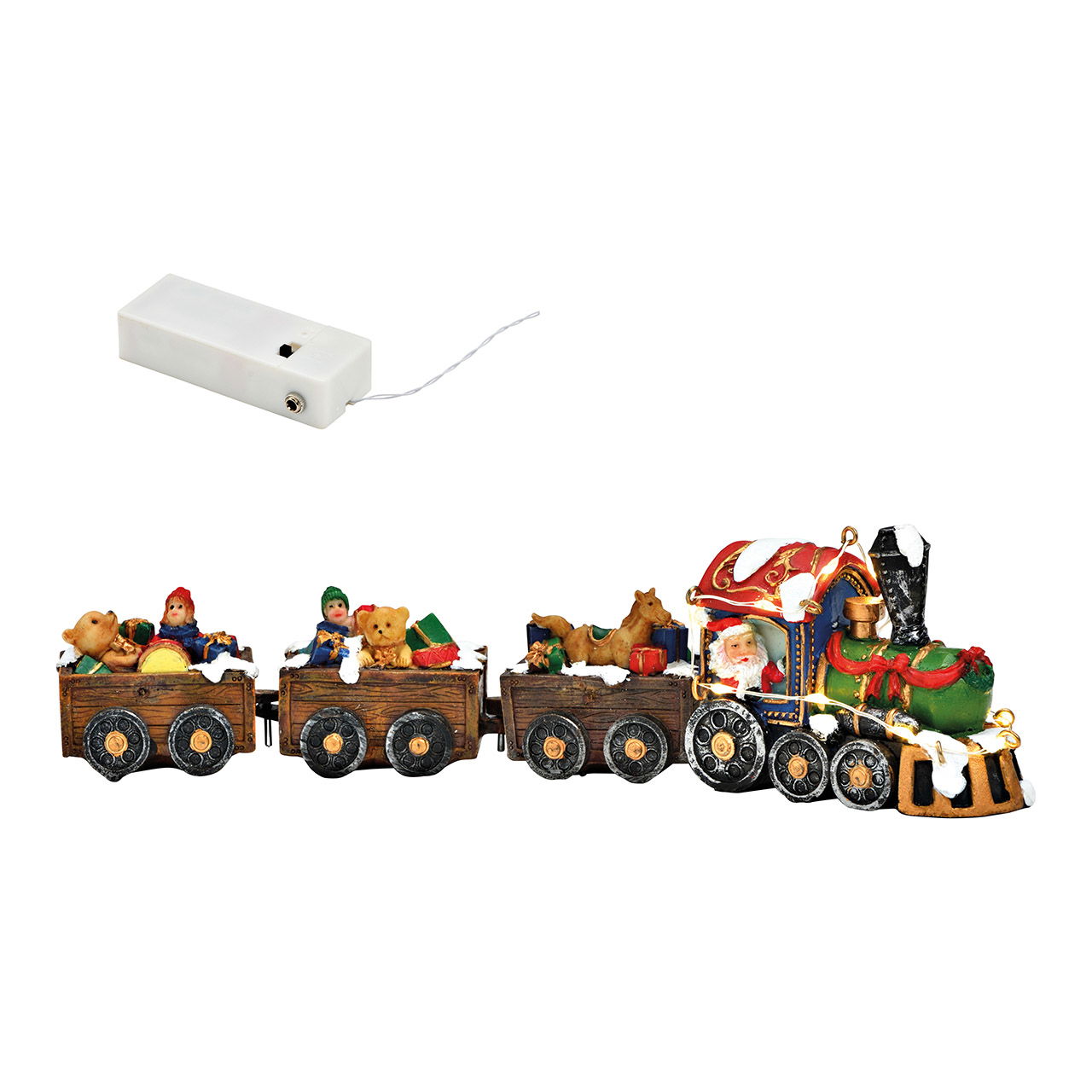 Scène d'hiver Train de Noël avec lumière LED Set de 4, en poly multicolore (L/H/P) 25x7x4cm Fonctionnement sur piles 2xAA non incluses Scène d'hiver Train de Noël avec lumière LED Set de 4, en poly multicolore (L/H/P) 25x7x4cm Fonctionnement sur piles 2xAA non incluses