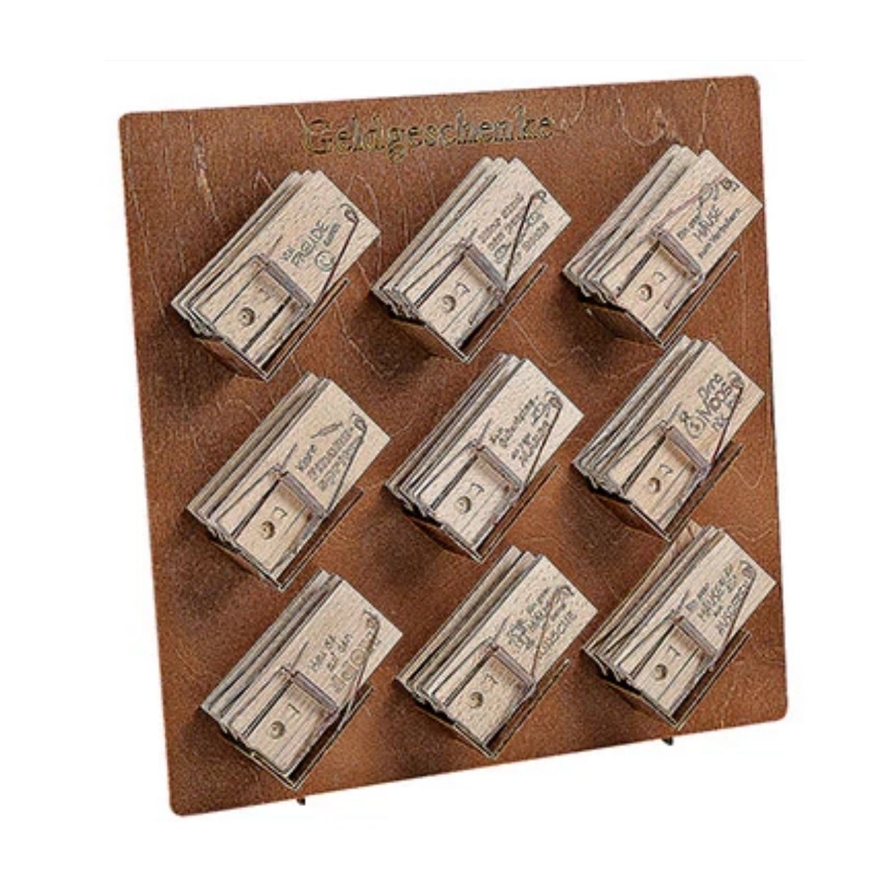 Présentoir en bois, cadeaux d'argent Pièges à souris 27 pièces sur présentoir en bois naturel 9 fois, (L/H/P) 5x10x2cm Holzschuh, Klebespiel, Mus-Accessoire, Holzstempel, Wunschzettel?, Kleines Holzwerkzeug