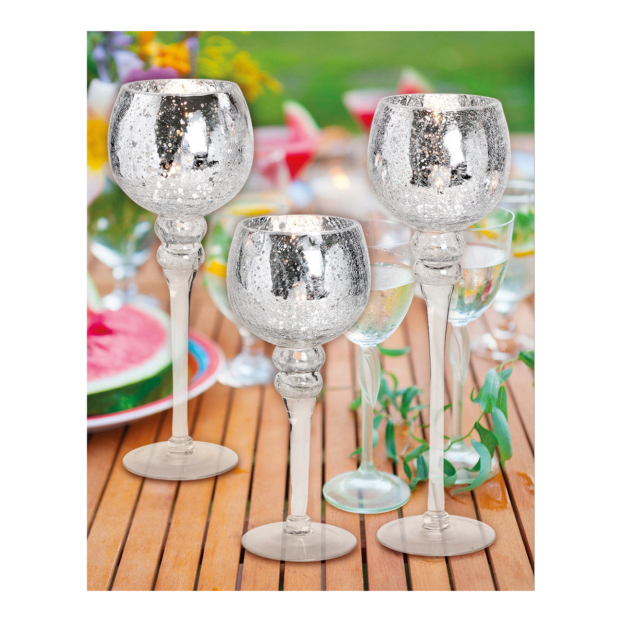 Juego de luces de viento cáliz craquelado plata 30, 35, 40cm x Ø13cm de cristal juego de 3, Juego de luces de viento cáliz craquelado plata 30, 35, 40cm x Ø13cm de cristal juego de 3,