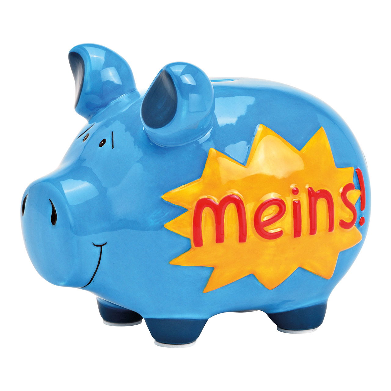KCG Sparschwein "Meins!" aus Keramik, Blau/Rot/Gelb (B/H/T) 17x15x15cm Mittelschwein Sparschwein
