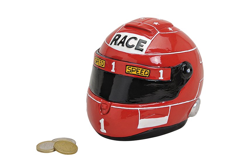 Money box motorcycle helmet red, polyresin, 14x11x11cm
