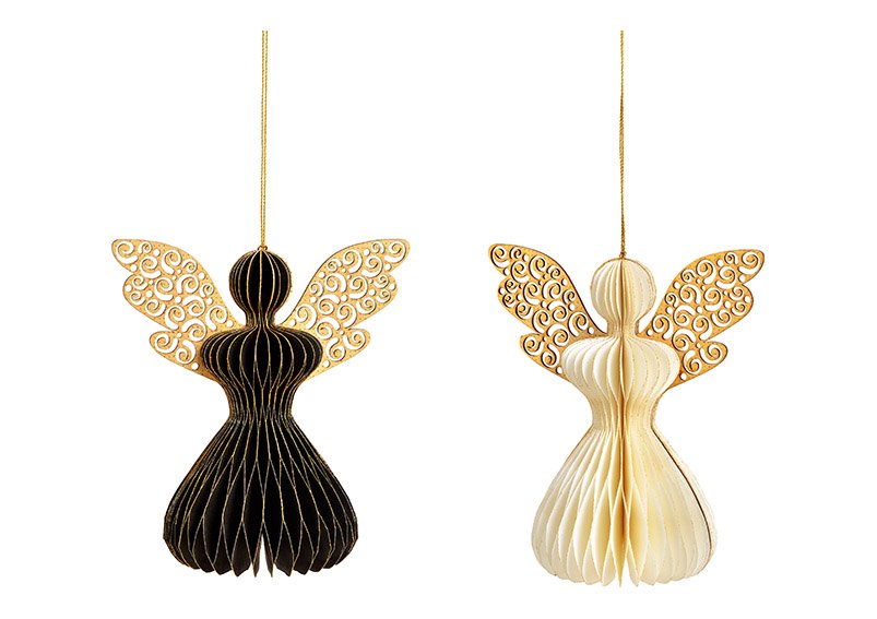 Hanger, angel, honeycomb, with gold glitter, paper, black, white, 2 asst. 18x19x12cm