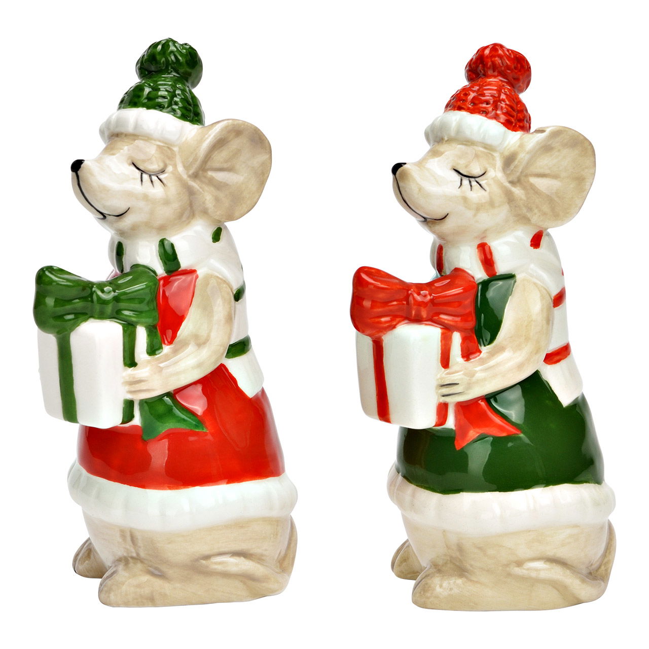 Figurine Souris avec cadeau en céramique, 2 fois, vert/rouge (L/H/P) 5x11x6cm