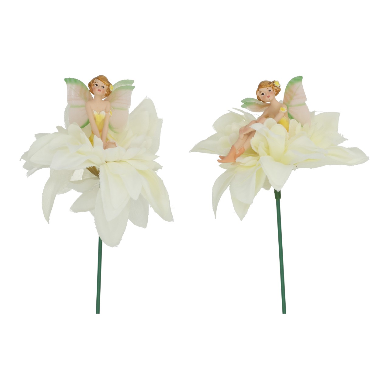 Bloemenfee op decoratieve stok van poly, wit, 2-delige set (B/H/D) 10x28x10 cm Feenfigur, Blumenstab, Kunstblume, Gelb-weißer Blütenkopf