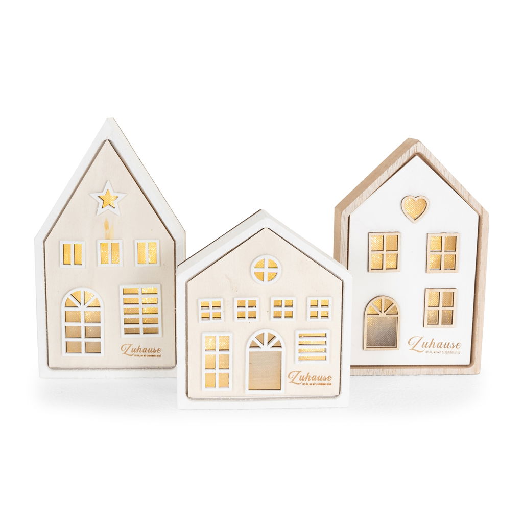 Haus mit LED (2xAAA, nicht beinh.), Timer, 3fach sortiert, Holz, 11x3,5x12,5cm 10,5x3,5x7cm 10,5x3,5x18,3cm, 1 Stck, natur