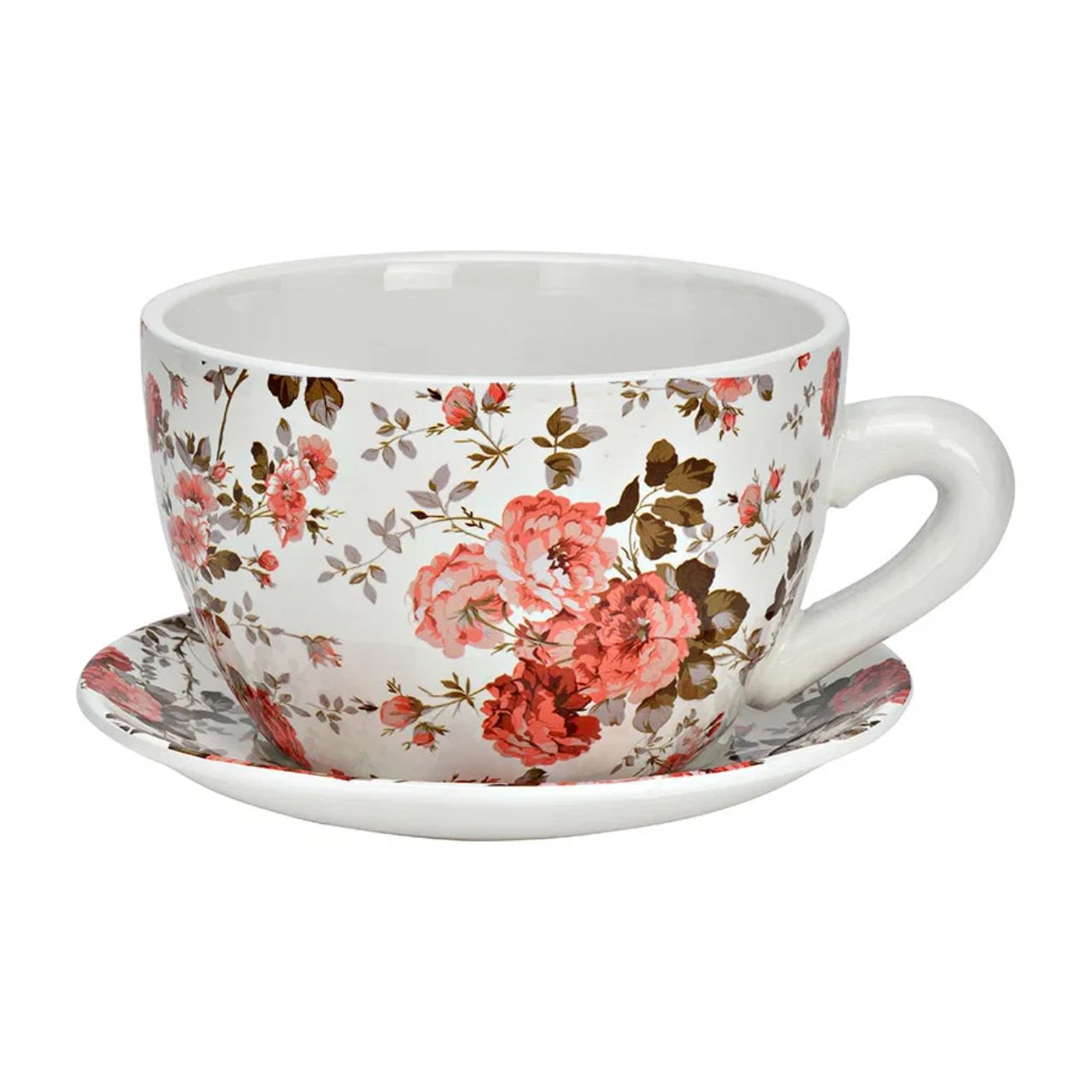 Pflanztasse Blumen Dekor aus Keramik, Rot/Grün/Weiß (B/H/T) 20x12x15cm Untertasse, Tasse