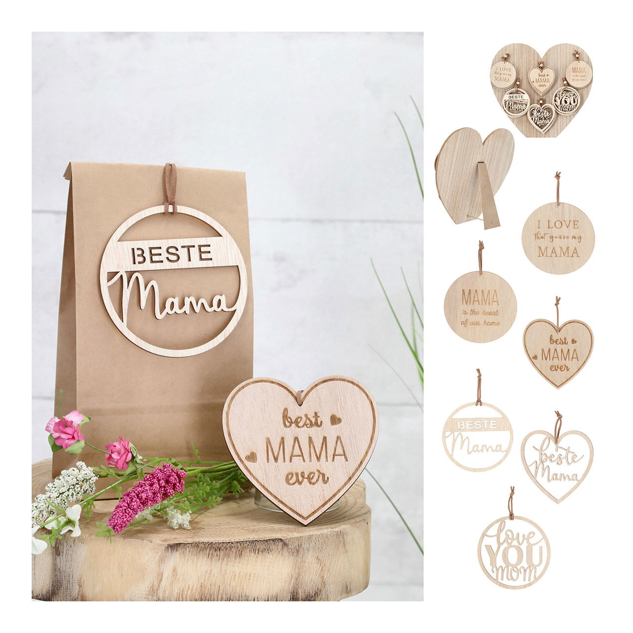 Appendino cuore, frasi, mamma... in legno naturale 6 pieghe, (L/A) 10x10cm