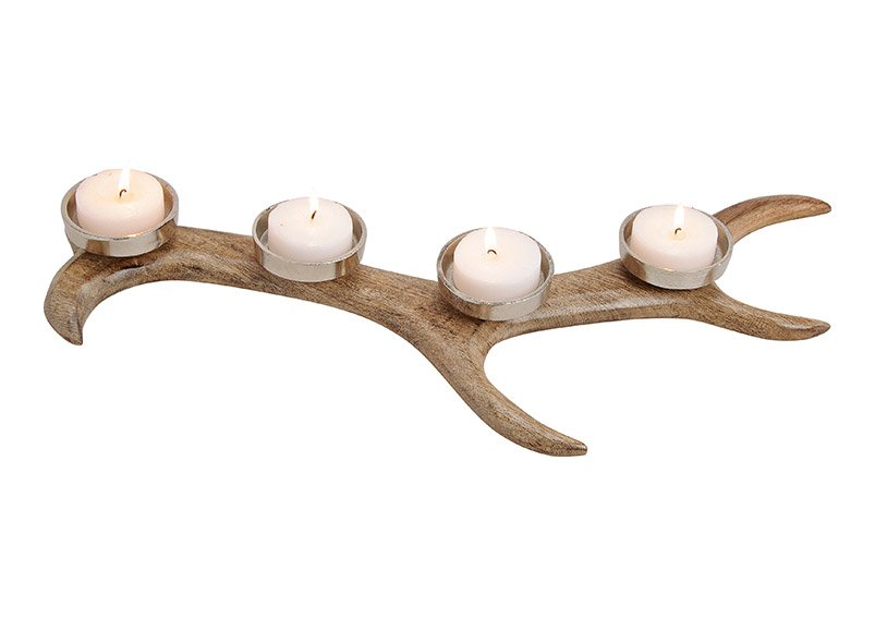 Advent candle holder, antler, made of mango wood and alliunium, brown silver color, 57x6x25cm