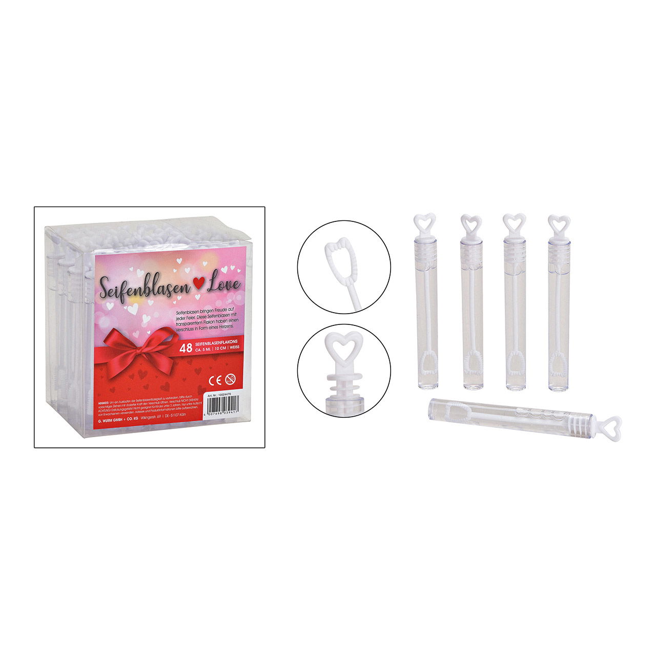 Seifenblasen 48er Set, Herz für Hochzeit, Kunststoff, 4,5ml, (B/H/T) 1x10x1cm Ø1cm